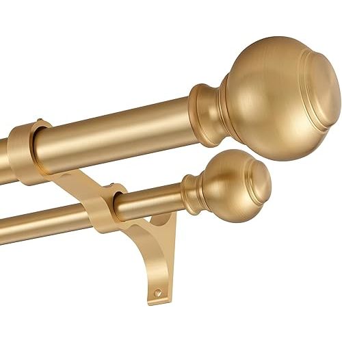 1 Inch Double Curtain Rods 36 to 72 Inches, Adjustable Telescoping Window Drapery Rod, Dual Heavy Duty Curtain Rods with Iron-Finials for Sliding Glass Door, Patio, Bedroom, Kitchen, Warm Gold