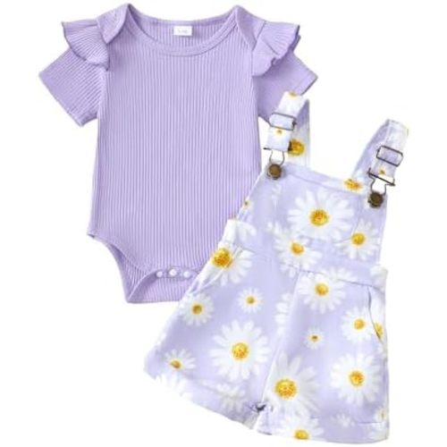 SUNNY PIGGY Toddler Baby Girl Overalls Clothes Toddler Adjustable Suspender Jumpsuit Short Sleeve Outfit Little Girl's Set