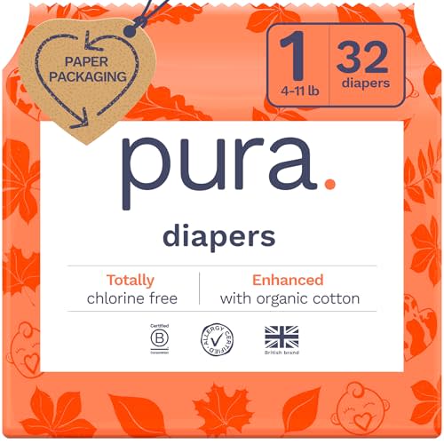 Pura Size 1 Eco-Friendly Diapers (4-11lbs) Hypoallergenic, Soft Organic Cotton Comfort, Sustainable, Wetness Indicator, Allergy UK Certified. Newborn 1 Pack of 32 Baby Diapers