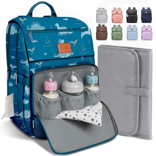 PILLANI Baby Diaper Bag Backpack - Large Waterproof Travel Diaper Bag for Boys & Girls, 16 Organizer Pockets with Changing Pad, Insulated Bottle Pockets & Stroller Straps, Baby Shower Gifts, Dinosaur