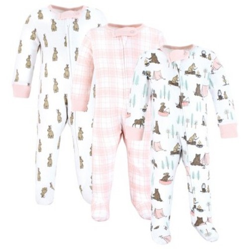 Touched by Nature Baby Girls Organic Cotton Sleep and Play, Pink Camping Animals, 0-3 Months