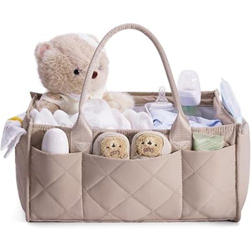 CEI-CEI Baby Diaper Caddy Organizer, Puffer Nursery Storage Basket for Diapers and Baby Wipes, Gift for Baby Shower, Baby Registry Must-Have, Newborn Essentials (Khaki)