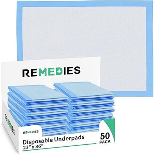 Remedies - Bed Pads Disposable Adults, Seniors, Kids & Puppy Pads - 23" x 36" - Large Disposable Underpads - 50 Count, Incontinence Underpads for Beds & Furniture, Dog Pee Pads, Dogs Chucks Pads