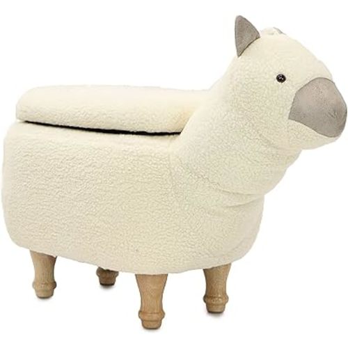 Critter Sitters 15-In. Seat Height Plush White Llama Animal Shape Storage Ottoman, Kids Furniture for Nursery, Bedroom, Playroom, and Living Room Decor, Multifunctional Cushioned Step Stool