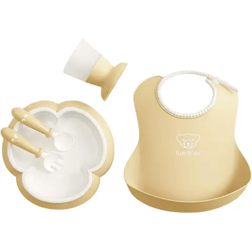 BabyBjörn Baby Dinner Set, 5 pcs, Powder yellow, Includes Baby Plate, Baby Fork, Baby Spoon, and Baby Cup, Dishwasher Safe, Toddler feeding set for self-feeding or baby-led weaning