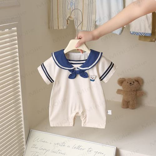 Baby Bear Patch Navy Collar Beige Romper