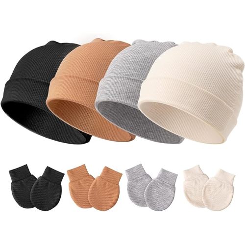 BQUBO Baby Hats and Mittens Infant Cotton Beanie Gloves No Scratch Set Newborn Hospital Hat for Boys Girls