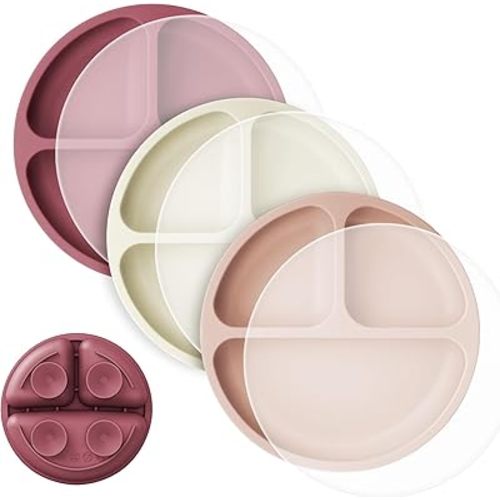 Cutebe 3 Pack Toddler Plates with Lids Baby Plates with Soft Material Silicone Suction Plates for Baby with Divided Design & Raised Edges Suction Plates for Feeding