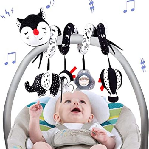 SAOTAENG Car Seat Toys, Infant Baby Black White Fox Stroller Toy Stretch & Spiral Activity Toy, Hanging Toys for Car Seat Crib Mobile, Newborn Sensory Toy Best Babies Gift for 0 3 6 9 12 Months