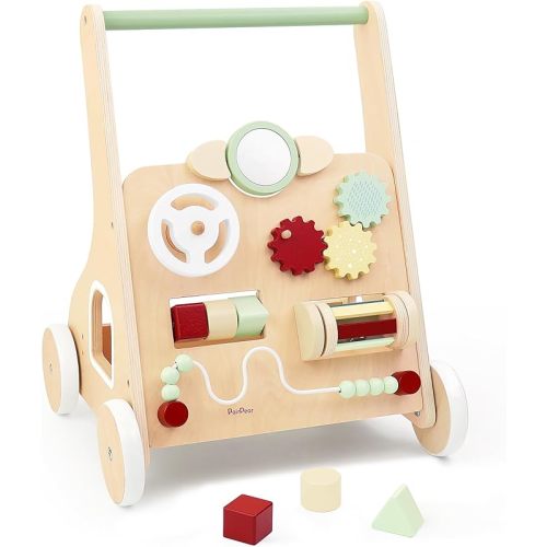 PairPear Wooden Baby Walker with Wheels, Baby Sit-to-Stand Baby Walker & Activity Cart, Montessori Activity Walker Busy Board for Baby Boys Girls 12m+(Sage Green)