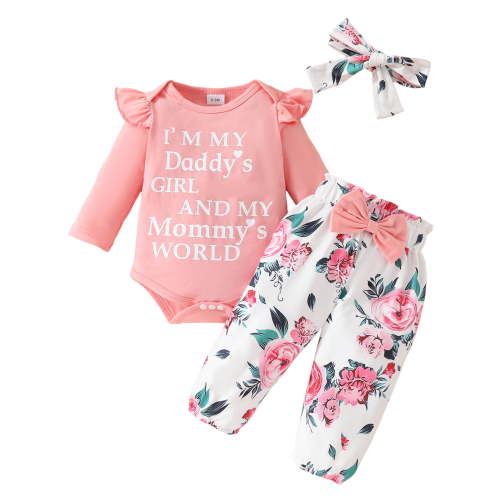 WIBACKER Daddy's Girl Mommy's World Newborn Outfit Baby Girl Going Home Outfits Ruffle Ribbed Romper Top Floral Pants Set Fall Winter Clothes