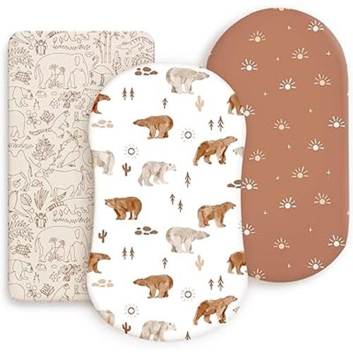 GRSSDER Stretchy Ultra Soft Bassinet Sheet 3 Pack, Universal Fit for Bassinets Baby Cradle Moses Basket Oval Rectangle Mattress or Changing Table Pad Safe and Snug, Stylish Print of Sunny Bear