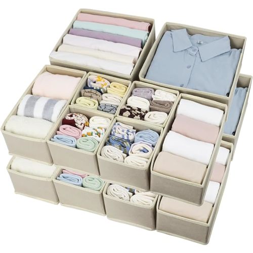 Fordonral 16 Pack Drawer Organizer Clothes, Foldable Fabric Dresser Organizer Closet Organizers and Storage Box for Underwear,Folded Clothes,Baby Clothing,Socks,Bra,Towels,Ties(Beige)