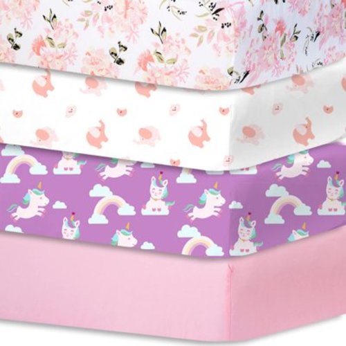 Little Grape Land Crib Sheets 4 Pack, Super Soft Breathable Crib Sheet Set for Girls, Pink Flowers/Elephant/Purple Unicorn/Solid Pink