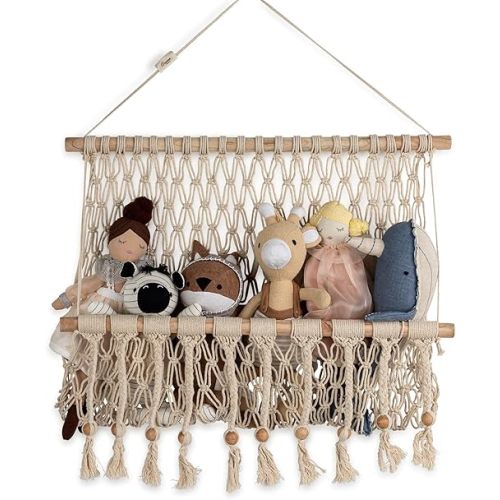 Crane Baby Macrame Hanging Storage Bin for Nursery, Boho Baby Decor, Baby Toy Hanging Basket Wall Storage, Bohemian Macrame Nursery Decor, 16" W X 22" H