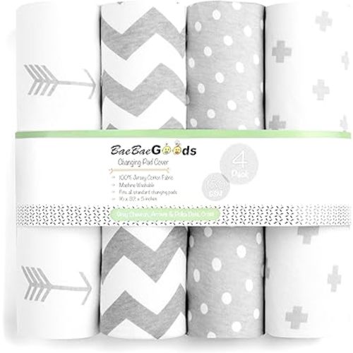 Premium Baby Changing Pad Covers 4 Pack – Boy or Girl Changing Pad Cover – Pure Jersey Machine Washable Grey and White Changing Table Cover – Diaper Changing Pad Cover Sheets