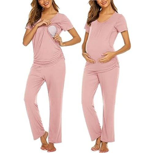 Ekouaer Women's Maternity Nursing Pajama Set Breastfeeding Sleepwear Set Double Layer Short Sleeve Top & Pants Pregnancy PJS