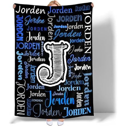 Custom Name Throw Blanket, Personalized Soft Plush Blanket with Name for Adults Kids, Customize Comfy Flannel Blanket Fleece Throw for Girls and Boys(Black Blue)