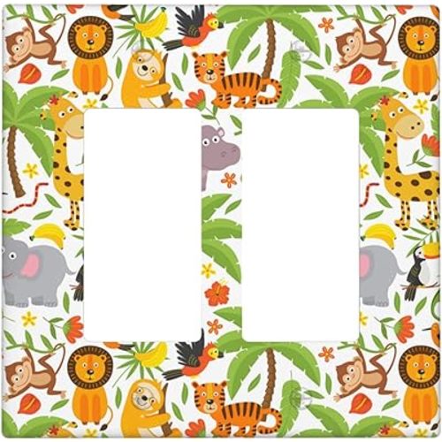 Jungle Animals 2-Gang Rocker Wall Plate Cover,Decorative Double Rocker Decorator Light Switch Cover For Kids Teens Boys Girls Room Decor 4.50" X 4.57"Inch