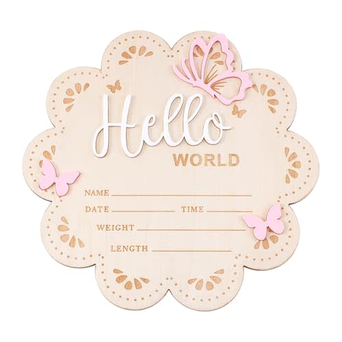Nogeqi Hello World Newborn Sign, 6 Inch Pink Butterfly Baby Name Announcement Sign, Birth Announcement Signs, Wooden Baby Welcome Signs for Newborn Photo Props Babies Shower Hospital Nursery