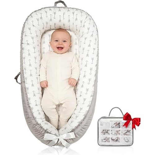 Baby Lounger | Organic Cotton Infant Floor Lounger | Reversible, Adjustable & Portable Floor Lounger | Soft, Breathable, Washable Cover (Grey Arrow)