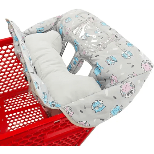 Soft Pillow Attached 2-in-1 Shopping Cart and High Chair Cover for Baby, Cotton Padded Cart Cover, Fold'n Roll Style, Portable with Carry Bag (Gray Owl)