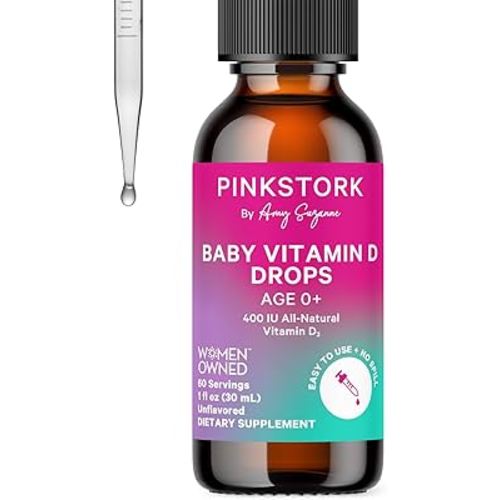 Pink Stork Baby Liquid Vitamin D Drops for Infants, 400 IU Vitamin D3 for Newborns and Kids to Help Support Bone Development and Healthy Immune Function - 1 fl oz, 2 Month Supply