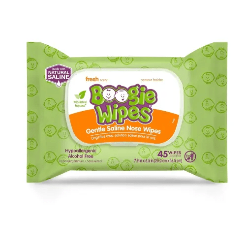 Saline Nose Wipes by Boogie, for Baby & Kids, Face, Hand & Body, FSA/HSA Eligible, Made with Vitamin E, Aloe, and Natural Saline, Fresh Scent, 45 Count (Pack of 1)