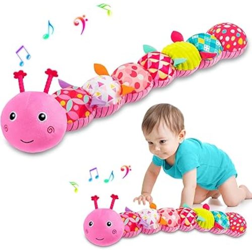 TOHIBEE Baby Toys Musical Caterpillar, Infant Stuffed Animal Toys for 0-6 6-12 Months with Crinkle and Rattles, Tummy Time Sensory Toys Newborn Boys Girls Gifts 0 3 6 9 12 Months - Pink