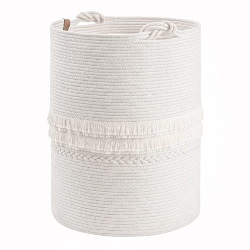 CherryNow Baby Laundry Hamper for Nursery, Tall Basket for Laundry Room, White Woven Storage Basket for Clothes, Toys, Towels, 16 x 22 inches, 69L