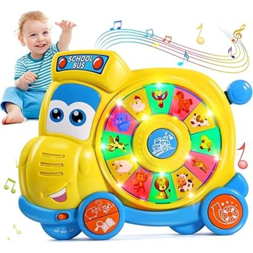 English Spanish Bilingual Learning Baby Toys 6 12 18 Months, Musical Educational Toys for Toddler 1-3, Spin Interactive School Bus Toys 1+ Year Old Boys Girls Kids Birthday