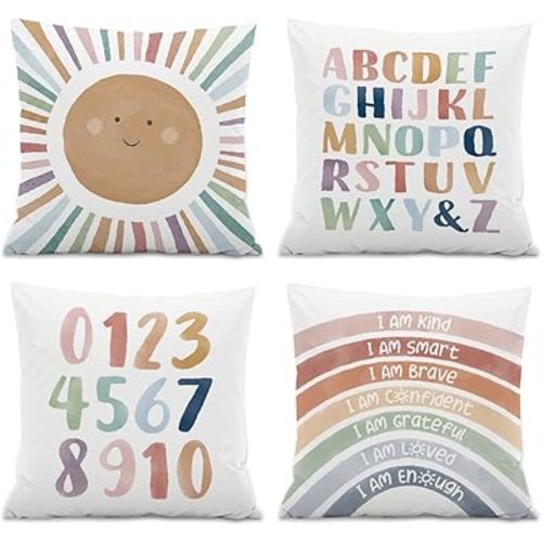 Nursery Classroom Cozy Corner Throw Pillow Covers, Kids Alphabet Rainbow Reading Nook Decor Pillowcase, Decor for Classroom Playroom Nursery Kids Room Toddler Room,18x18 Inch Set of 4