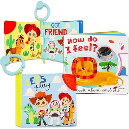 Disney Baby Soft Book Cloth, Touch and Feel Book Set - Bundle with Disney Infant Teething and Board Book | Early Education Toy for Babies