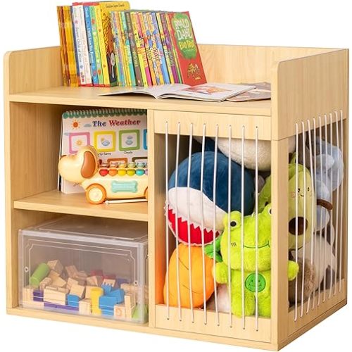 F3C | Montessori Plush, Bookshelf and Toy Storage | 3-Section Kids Bookshelf for Organizing Books | 2-Shelf Toy Organizers and Storage Cabinet | Natural Wood Bookcase with Storage
