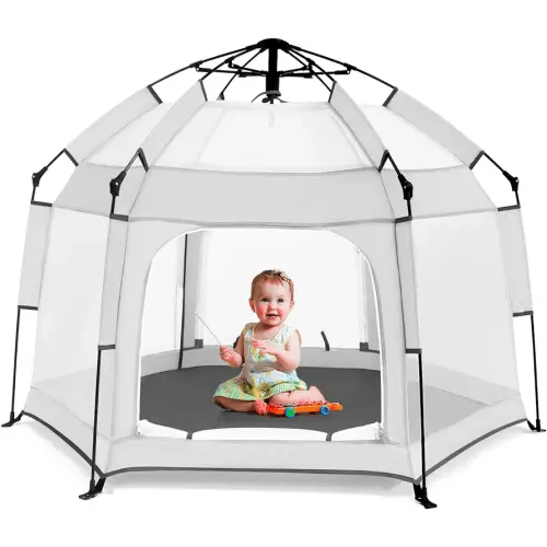 Baby Playpen with Canopy, Portable Baby Beach Tent, Toddler Play Yard Indoor and Outdoor, Foldable Mosquito Net for Infant - Light Grey