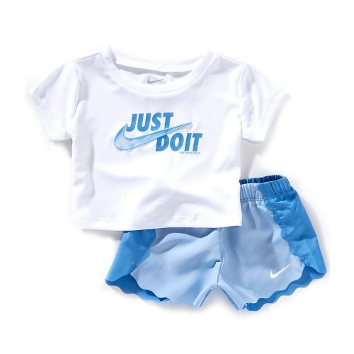 Nike Baby Girls 12-24 Months Short Sleeve Just Do It Graphic T-Shirt & Color Block Scalloped-Trim Shorts Set