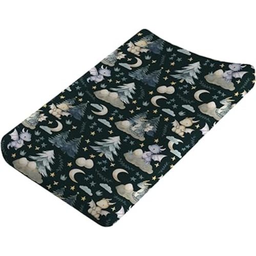 Fairytale Dragons Baby Changing Table Pad Covers Boy Girl 32''x16'' Cute Dragons Eggs Moon Stars Trees Fitted Diaper Change Table Mats Dreamy Animal Soft Breathable Nursery Cradle & Bassinet Sheets