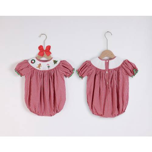Red Gingham Christmas Smocked Embroidered Reindeer Bubble Outfit, Gingerbread, Candy Cane Romper Bubble, Cute Smocked Xmas Wreath Romper
