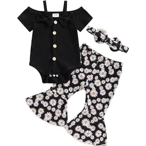Baby Girl Outfits Summer Short Sleeve Cold Shoulder Ribbed Romper Flare Pants Set Headband Newborn Clothes