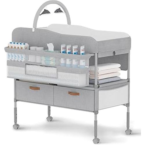 Diaper Changing Station, Portable Changing Table for Baby, Diaper Changing Table with Storage Drawers, Waterproof Baby Changing Station with Wheels and Adjustable Height for Newborn Infant and Toddler