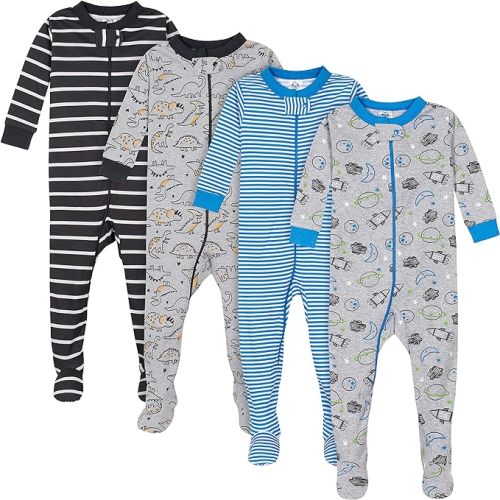 4-Pack Boys Safari Animals & Crab Snug Fit Footed Cotton Pajamas