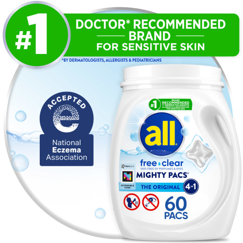 all Mighty Pacs Non-Scented Gentle Laundry Detergent, Free Clear for Sensitive Skin, 60 Count