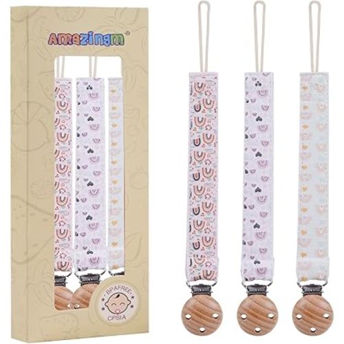 Baby Cotton Pacifier Clip Holder for Baby Boys and Girls,Wood Clip Paci Leash,Binky Clips,Newborn Essentials,Pack of 3 Gift Set. (Rainbow)
