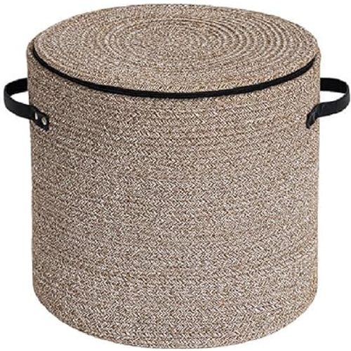 Cotton rope Storage Basket with Zipper cover & Woven baskets with Lid easy to move Multi-Purpose Storage Basket for Living Room, 13 x14 inches(Brown)