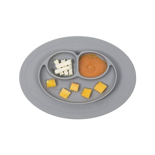 ezpz Mini Mat (Gray) - 100% Silicone Suction Plate with Built-in Placemat for Infants + Toddlers - First Foods + Self-Feeding - Comes with a Reusable Travel Bag