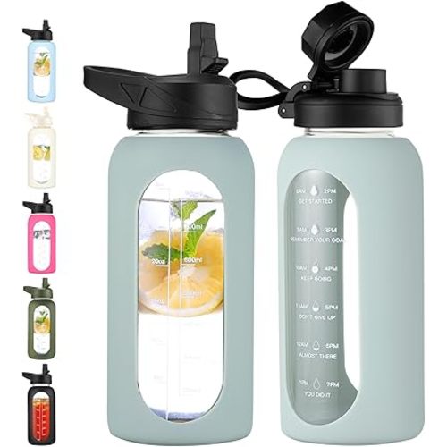 CIVAGO 32 oz Glass Water Bottle with Straw and Handle, Large Sports Motivational Water Bottle Flask with Time Marker and 2 Lids, Leakproof Water Jug Canteen with Silicone Sleeve for Gym,Sage…