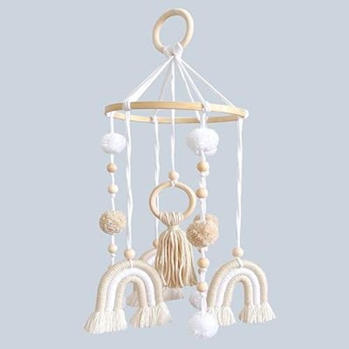 Baby Mobile for Crib, Rainbow Boho Crib Mobile Gender Neutral Nursery Mobile Decor for Infants Boys and Grils, Hanging Baby Crib Mobile Boho for Infant Bedroom Nursery Ceiling Decoration - White