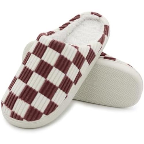 Women House Fuzzy Slippers - Plaid Scuff Checkered Slip-on Memory Foam Indoor Outdoor Comfortable Soft Slides