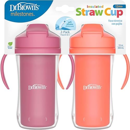 Dr. Brown's Milestones Insulated Sippy Cup with Straw and Handles, Spill-Proof Tumbler with Lid, 2-Pack, Pink, 10 oz/300 mL, BPA Free, 12m+