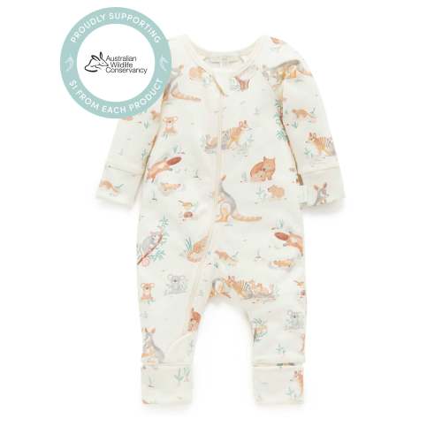 White Bush Babies Zip Growsuit - Baby Growsuits - Purebaby - Purebaby